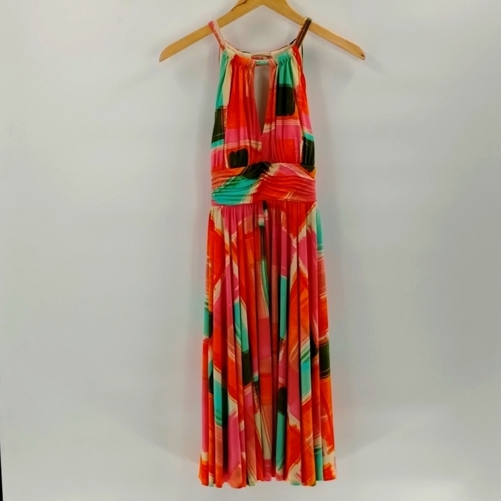 Suzi Chin for Maggy boutique geometric print midi halter dress size 6 pink green